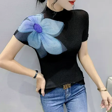 欧货短袖t恤女ins潮气质印花网纱上衣洋气小众设计感丅恤修身小衫商品大图
