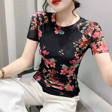 复古网纱T恤女短袖夏季气质漂亮减龄印花小衫时尚修身圆领上衣潮商品大图