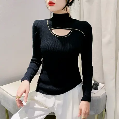 性感镂空半高领毛衣气质减龄烫钻女装长袖洋气修身显瘦套头针织衫商品大图