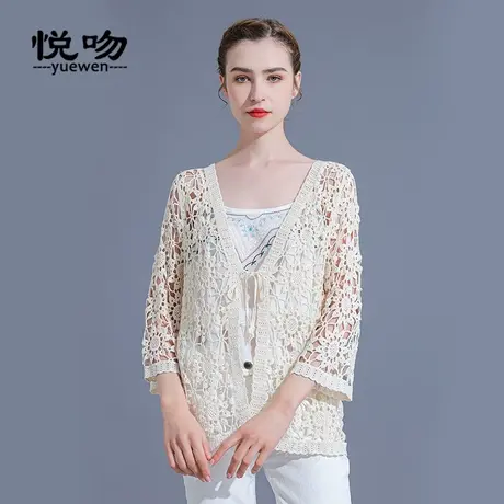 棉质钩花镂空小香风短外套女上衣系带小披肩夏百搭七分袖开衫外搭图片