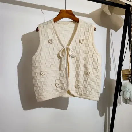 系带针织背心马甲女外穿秋冬新款宽松v领叠穿无袖毛衣坎肩学院风商品大图