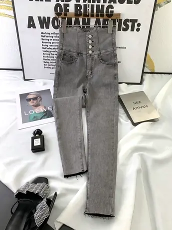 韩版排扣高腰牛仔小脚裤2023秋季新款显瘦百搭网红同款弹力铅笔裤图片