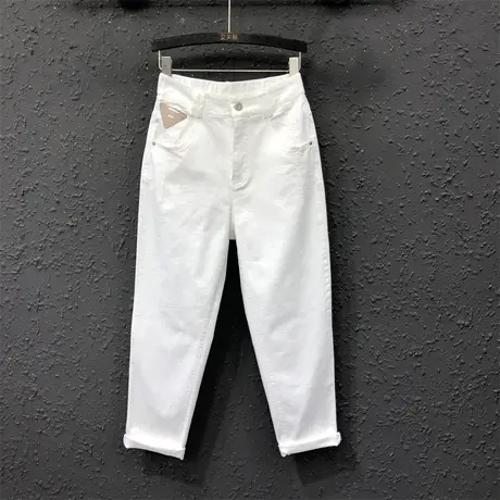 白色贴标百搭牛仔裤2023春夏新款欧货女高腰宽松显瘦小脚哈伦垮裤商品大图