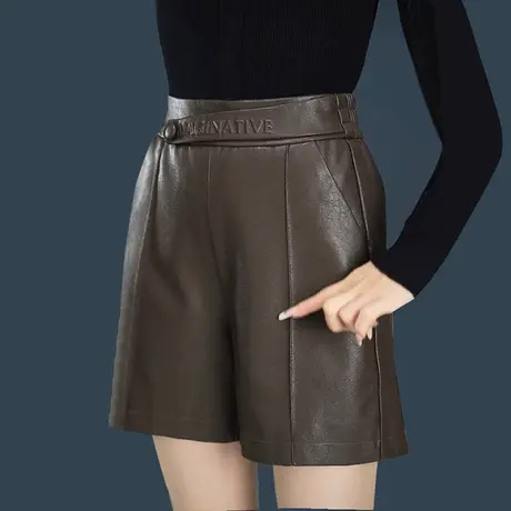 棕色皮短裤女高腰直筒五分裤休闲百搭2023年秋冬宽松a字阔腿靴裤图片