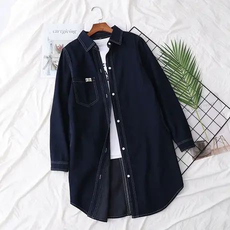 初秋韩版复古中长款牛仔衬衫女宽松显瘦百搭长袖牛仔衬衣休闲外套图片