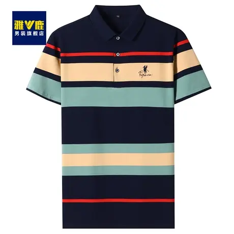 雅鹿短袖T恤男2023夏季新款商务休闲男士休闲条纹翻领polo衫上衣图片