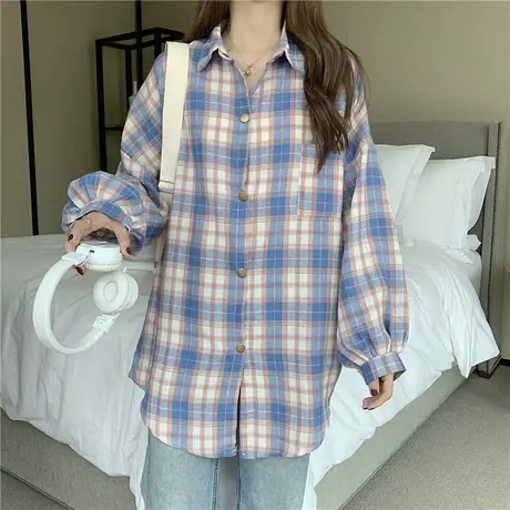 格子衬衫女2021春秋宽松韩版复古港味设计感小众外穿长袖法式上衣图片