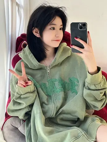 美式复古oversize卫衣女2022春秋薄款宽松连帽上衣开衫外套潮ins图片