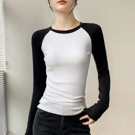 撞色拼接长袖T恤女2023早秋修身正肩西装内搭打底衫插肩袖上衣商品大图