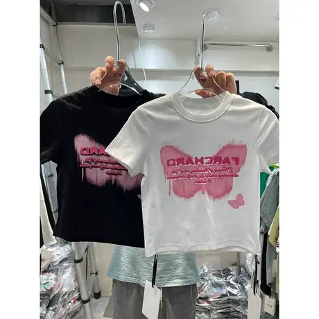 韩国2023夏季新款韩版蝴蝶字母印花修身显瘦短袖T恤小衫辣妹上衣商品大图