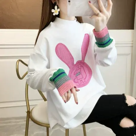 早春装长袖t恤女春秋季韩版宽松中长款内搭半高领加绒打底衫上衣图片