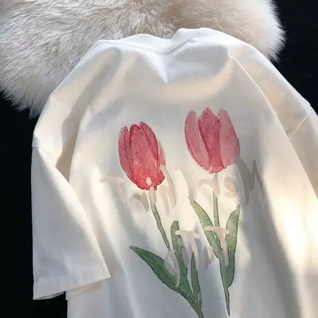 纯棉郁金香印花短袖t恤女ins潮牌夏季宽松复古港味chic半袖上衣服图片