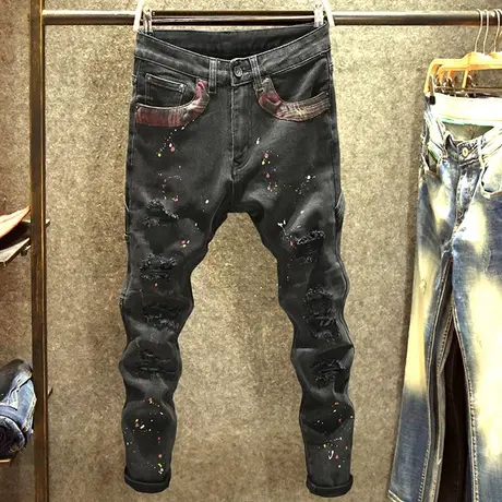 黑色漆点刮烂牛仔裤男修身韩版裤子春秋厚款口袋撞色工装风长裤子商品大图