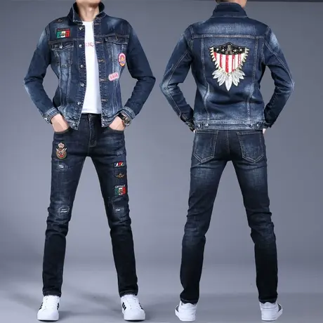 秋冬季新款牛仔套装男士刺绣牛仔衣外套男装男款夹克上衣美式高街图片