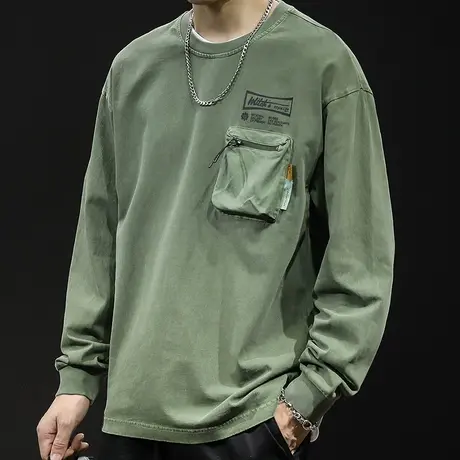 秋季圆领长袖t恤男ins潮牌纯棉宽松大码23新款男士打底衫春秋水洗商品大图