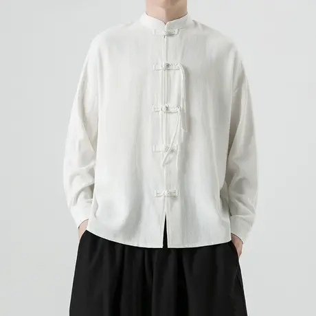 2023秋季男上衣棉麻盘扣长袖衬衫中国风宽松亚麻上衣民族风服装潮图片