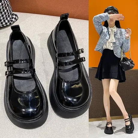 黑色软底小皮鞋女春秋单鞋女2023新款温柔中跟粗跟复古玛丽珍鞋女商品大图