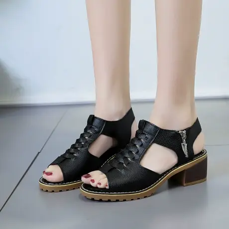 鱼嘴凉鞋女韩版时尚百搭2023新款潮粗跟学生防滑夏平底学生复古商品大图