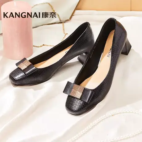 康奈女鞋时尚都市春秋新品低帮圆头套脚单鞋方跟日常百搭通勤皮鞋商品大图