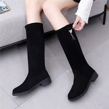 冬季弹力长靴女2023新款平跟加绒中高长筒靴不过膝显瘦绒面骑士靴商品大图