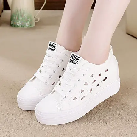 镂空小白鞋女2023夏季新款韩版透气舒适小白鞋厚底内增高帆布鞋女商品大图