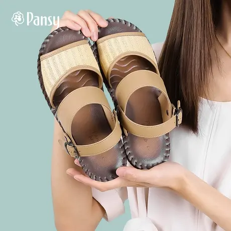 Pansy日系凉鞋女轻便两用松紧低跟沙滩鞋一字带休闲防滑手工缝制图片