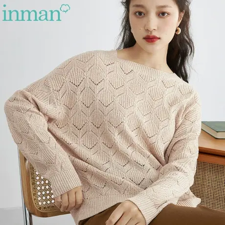 茵曼菱格毛衣女2022年秋季新款圆领套头丝巾领结气质慵懒针织上衣图片