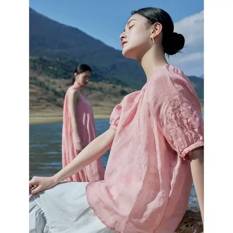【商场同款】茵曼文艺衬衫2023夏季女装新款V领灯笼袖绣花上衣商品大图