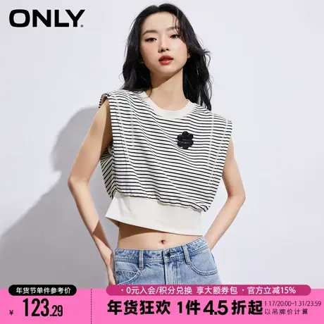 ONLY时尚潮流花朵胸针条纹无袖短款T恤女|123101160商品大图