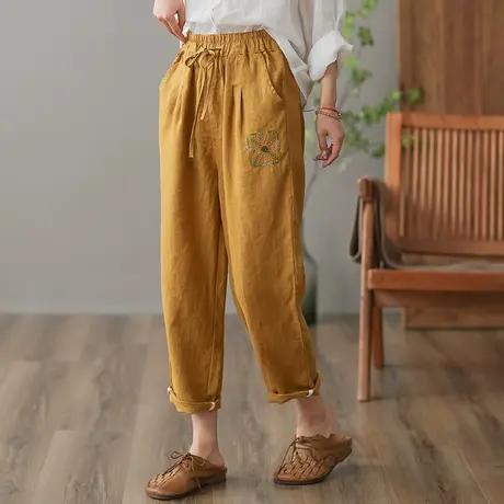 dza 高腰显瘦亚麻休闲裤女2023夏季九分直筒裤宽松百搭棉麻哈伦裤图片