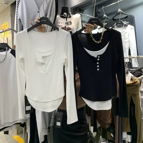 辣妹修身假两件短款长袖T恤女2023秋季上新韩版设计感小众上衣女商品大图