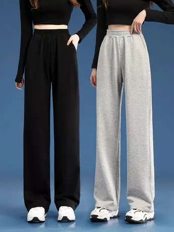 运动裤女秋冬高腰垂感2023新款宽松春秋直筒休闲阔腿卫裤黑色裤子商品大图