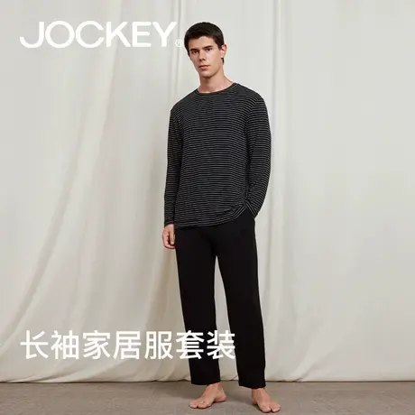 jockey情侣款睡衣男长袖长裤柔软透气舒适条纹宽松女家居服套装商品大图