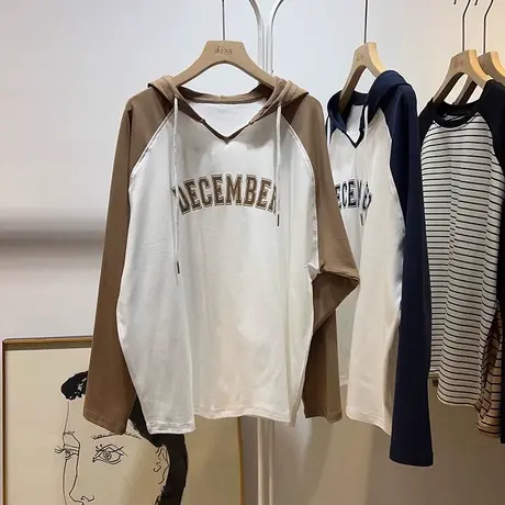 连帽长袖T恤女2023秋季新款宽松显瘦撞色拼接插肩袖纯棉上衣体恤商品大图