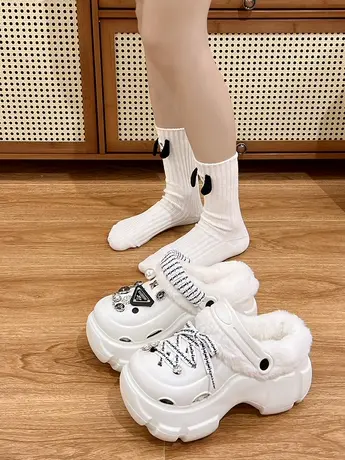 厚底超火毛毛洞洞鞋女外穿2023年秋季新款防滑高级感加绒包头半拖商品大图