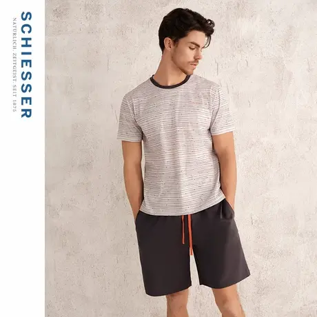 SCHIESSER舒雅25年春夏新品男士纯棉线条圆领宽松睡衣家居服套装图片
