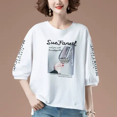 白色短袖t恤女夏季宽松加肥加大码女装全棉印花遮肚显瘦中袖体恤图片