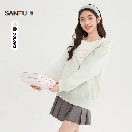 三福开衫卫衣2025夏季蝴蝶结英文刺绣宽松连帽上衣女装503898图片