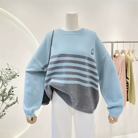 秋冬新款复古百搭小兔子刺绣宽松软糯条纹圆领针织衫毛衣女上衣商品大图