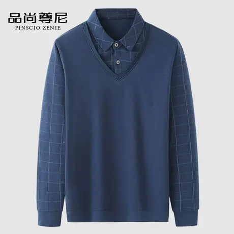 【舒适亲肤】双领经典格子长袖T恤男假两件上衣春秋中老年爸爸装商品大图