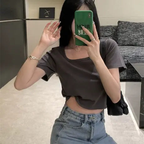 甜酷露脐短袖T恤女法式夏装设计感小众辣妹锁骨短款高腰上衣ins潮图片