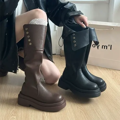 美拉德棕色靴子长筒靴女粗腿胖mm大筒围小个子厚底西部高筒骑士靴商品大图