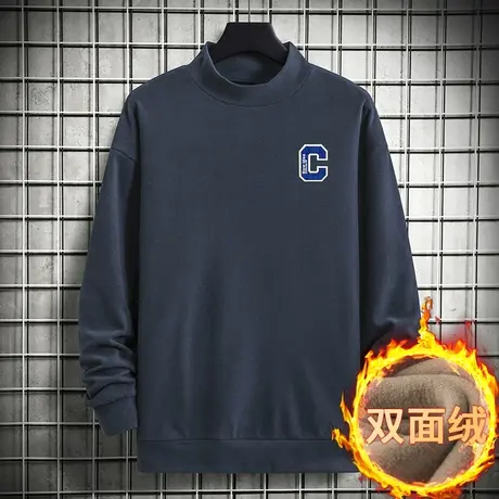 男士卫衣秋冬款半高领双面绒套头无帽上衣服宽松潮流中领长袖t恤商品大图