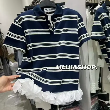 2025夏季新款韩版时尚减龄洋气polo领条纹短袖T恤裙女宽松中长款商品大图