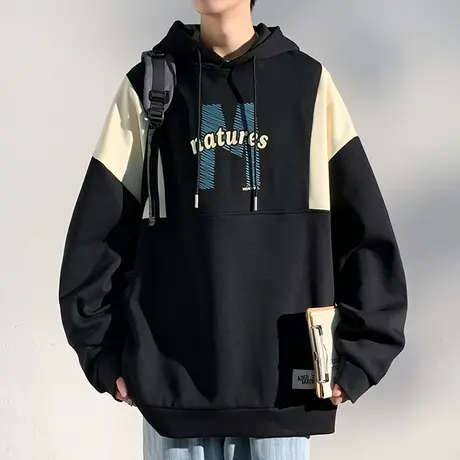 美式重磅连帽卫衣男春秋季宽松拼接长袖打底衫青少年字母上衣外套商品大图