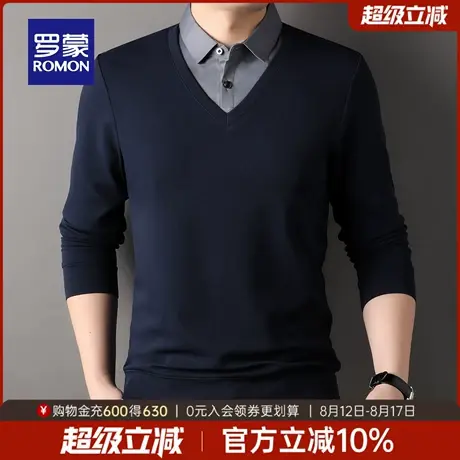 罗蒙男士长袖假两件针织衫2025秋季新款商务休闲上衣时尚翻领毛衣图片