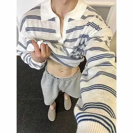 V领条纹Polo衫长袖t恤男生秋慵懒松弛感运动罩衫内搭打底针织上衣图片