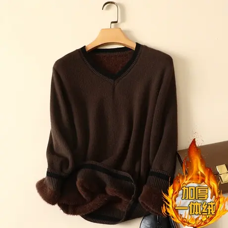 一体绒V领毛衣女2023秋冬新款加绒加厚宽松内搭洋气针织打底衫女商品大图