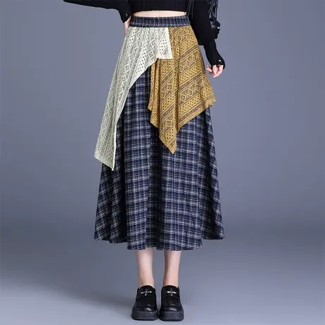 小众设计感不规则拼接格子半身裙女2025秋季新款显瘦a字裙中长裙图片