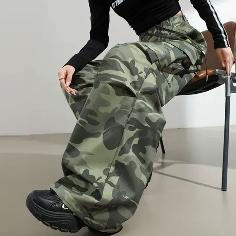 美式复古迷彩工装裤女秋季新款高腰宽松显瘦垂感松紧腰休闲拖地裤商品大图